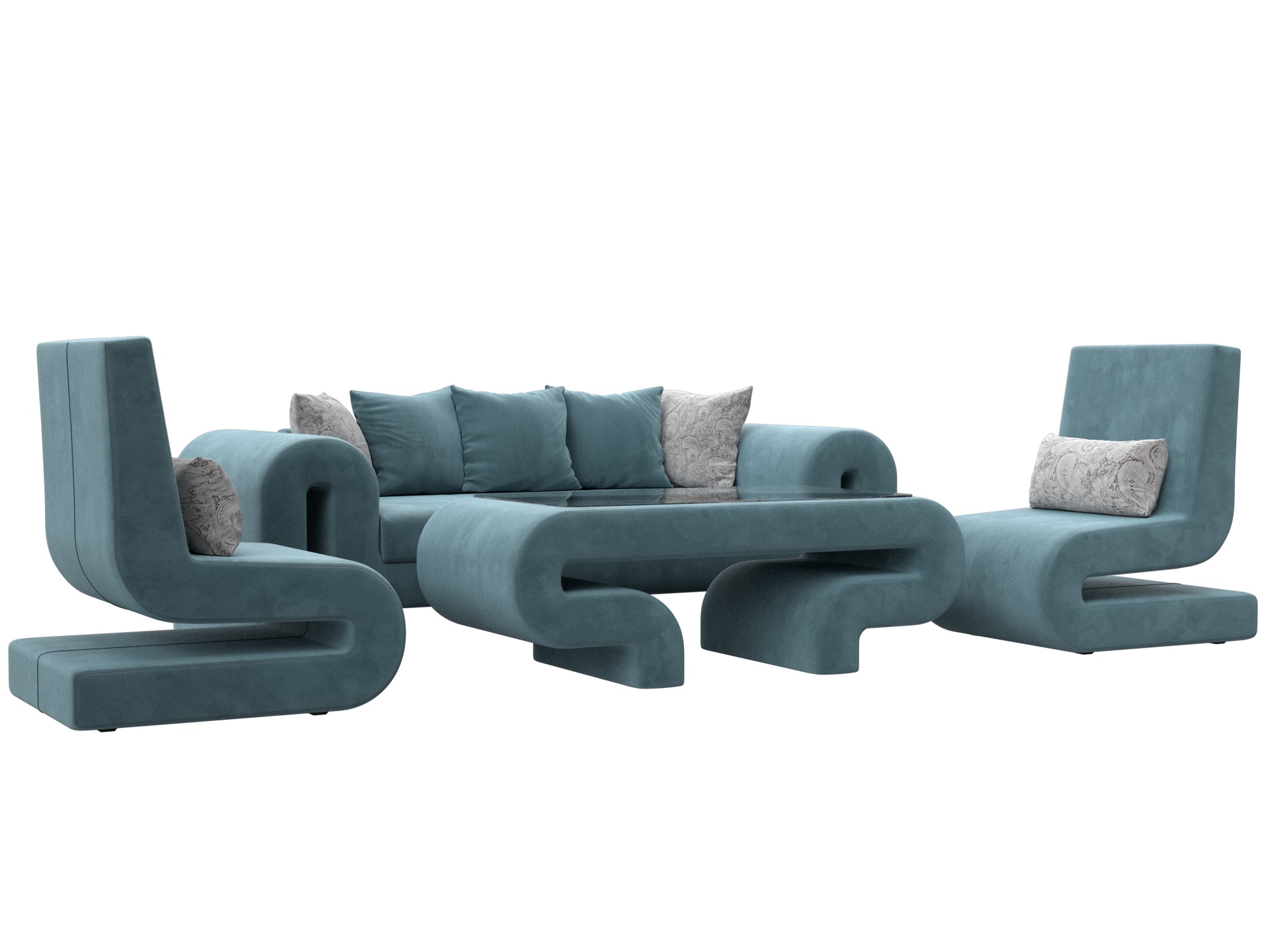 Набор Волна-2 (стол, диван, 2 кресла) (seven 113 бирюзовый;seven 17 серый)