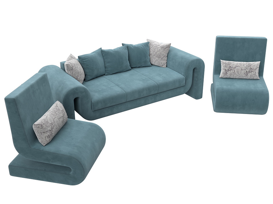 Набор Волна-1 (диван, 2 кресла) (seven 113 бирюзовый;seven 17 серый)